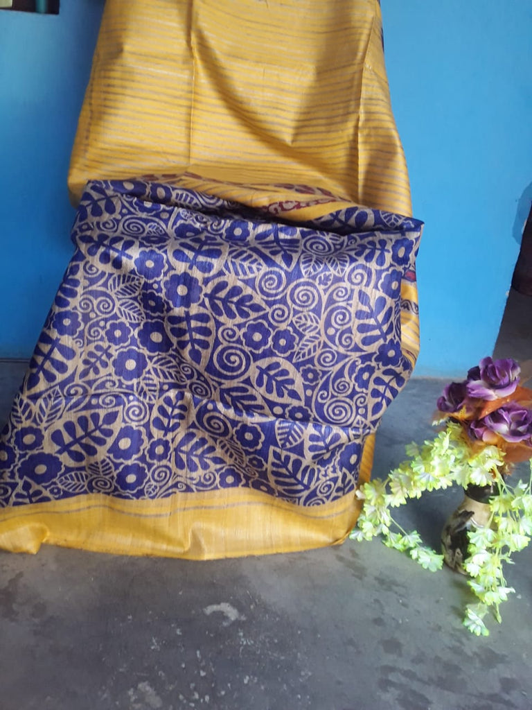 Yellow Blue Digital Printed Pure Silk Mark Certified Tussar Ghicha Silk Sarees