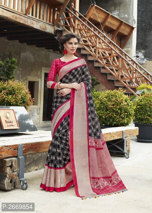 Black Red Jute Pure Linen Sarees - Dailybuyys