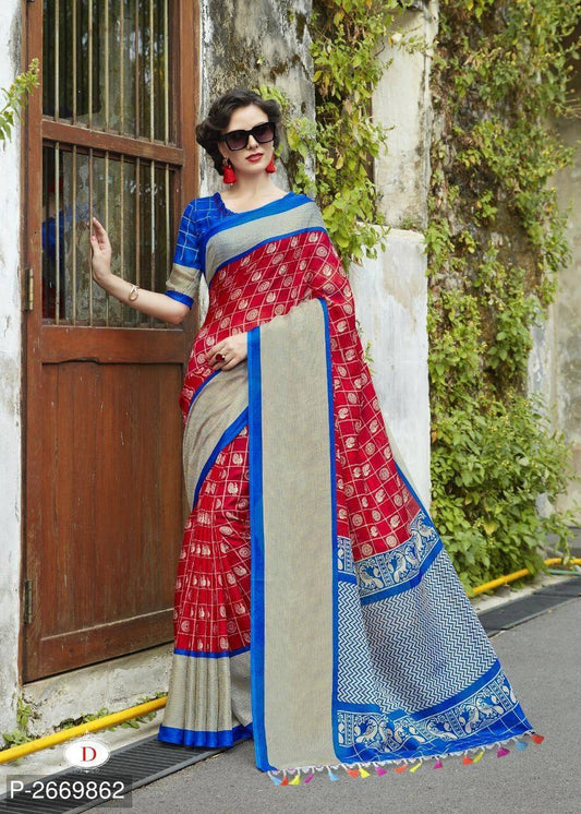 Red Blue Jute Pure Linen Sarees - Dailybuyys