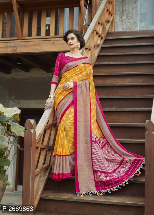 Yellow Purple Jute Pure Linen Sarees - Dailybuyys