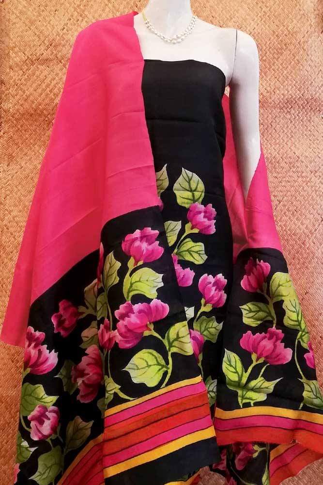 Black Pink Hand Painted Pure Silk Top & Dupatta