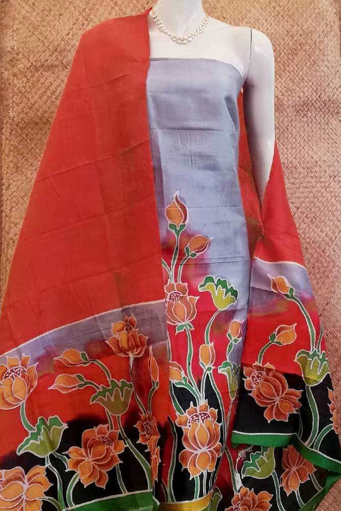 Red Grey Hand Painted Pure Silk Top & Dupatta - Dailybuyys