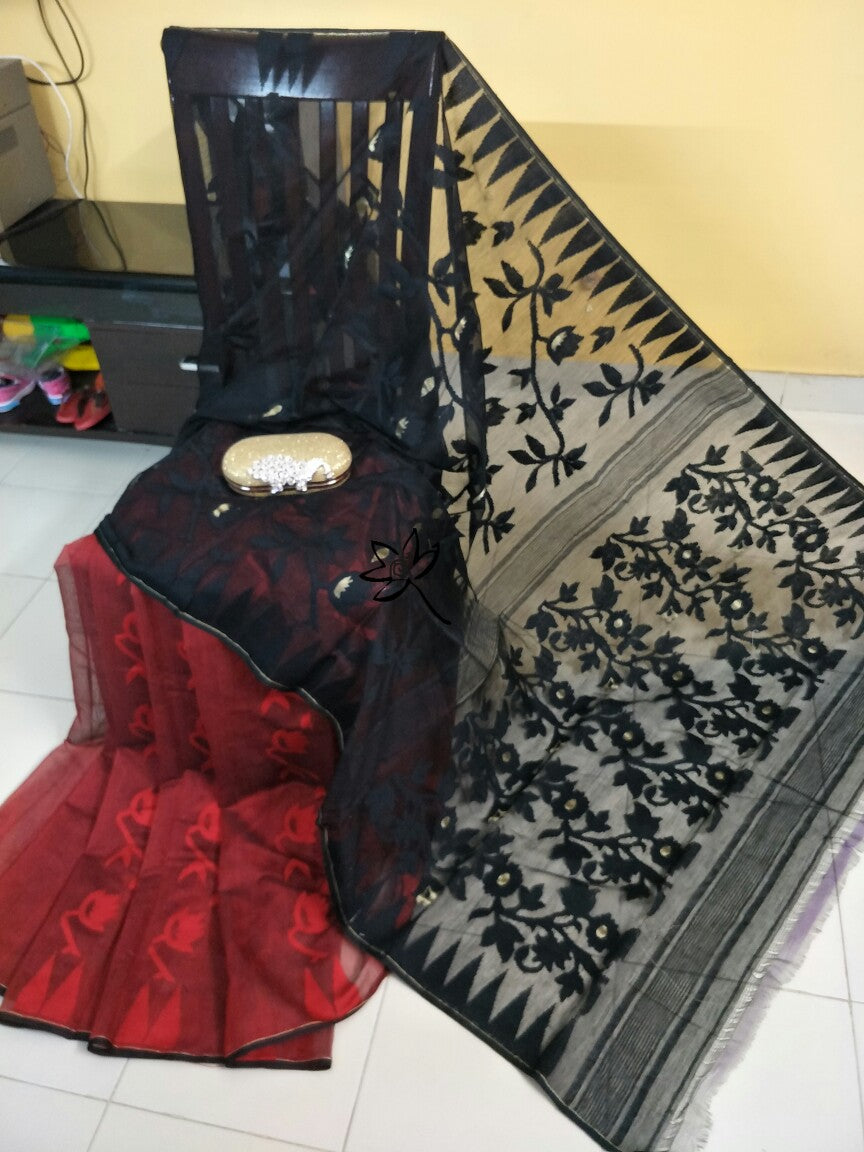 Black Red Designer Dhakai Jamdani Sarees - Dailybuyys