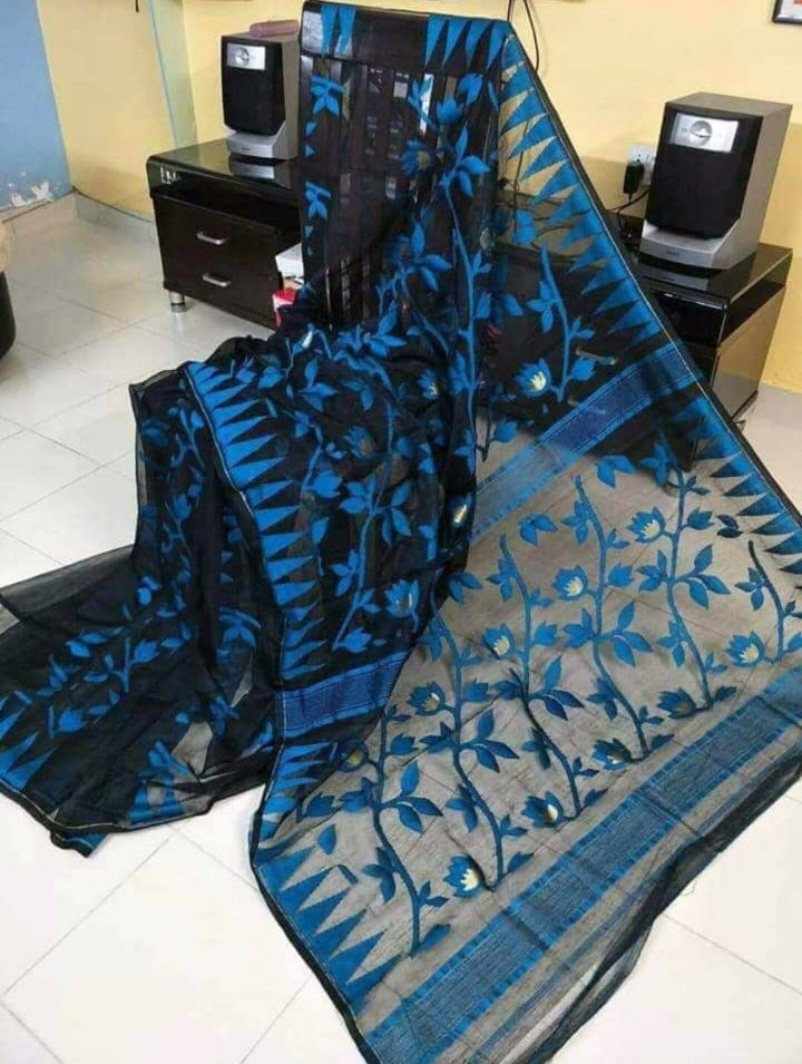 Black Blue Designer Dhakai Jamdani Sarees Get Extra 10% Discount on All Prepaid Transaction