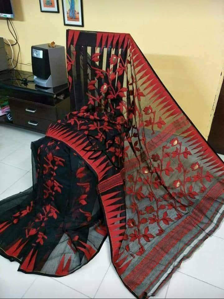 Black Red Designer Dhakai Jamdani Sarees Get Extra 10% Discount on All Prepaid Transaction