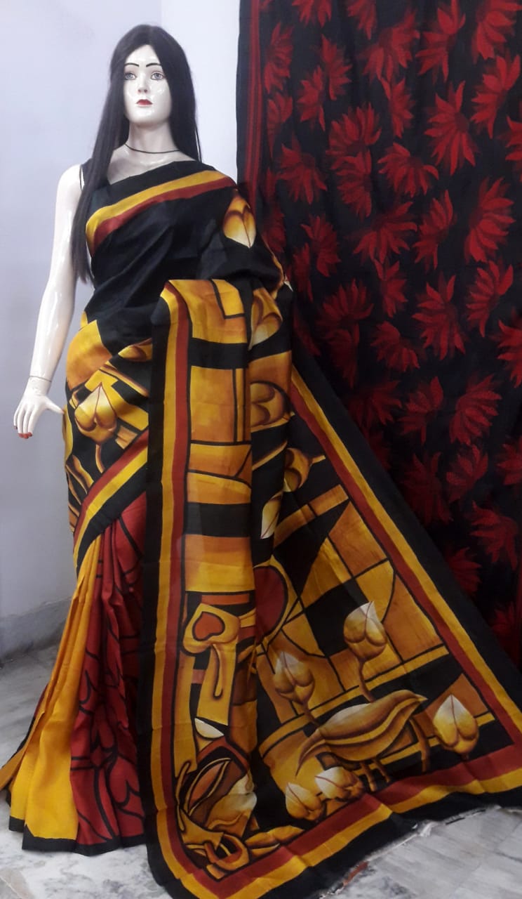Yellow Black Hand Painted Pure Silk Mark Certified Bishnupuri Silk Sarees - Dailybuyys