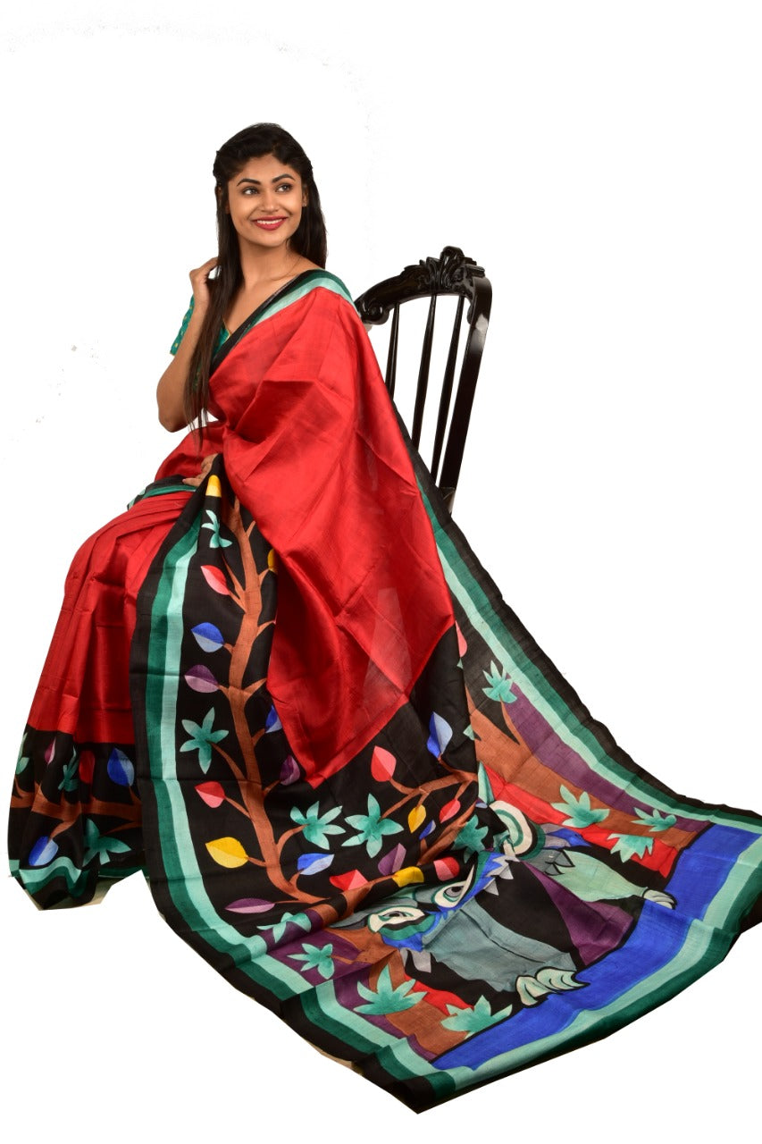 Red Black Hand Painted Pure Silk Mark Certified Bishnupuri Silk Sarees - Dailybuyys