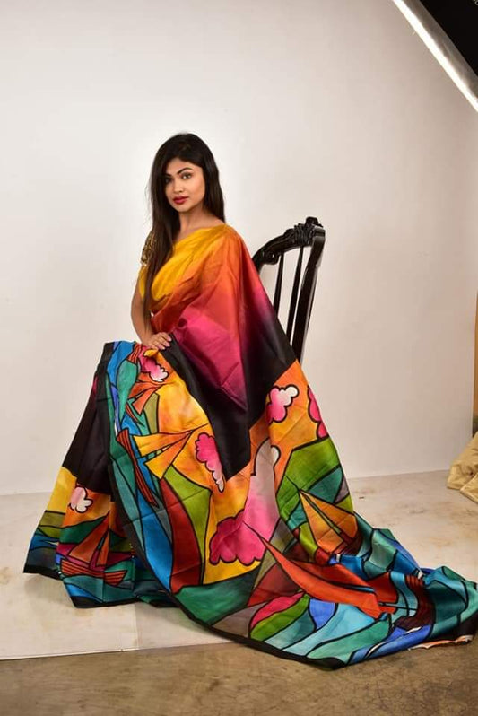 Yellow Blue Hand Painted Pure Silk Mark Certified Bishnupuri Silk Sarees - Dailybuyys