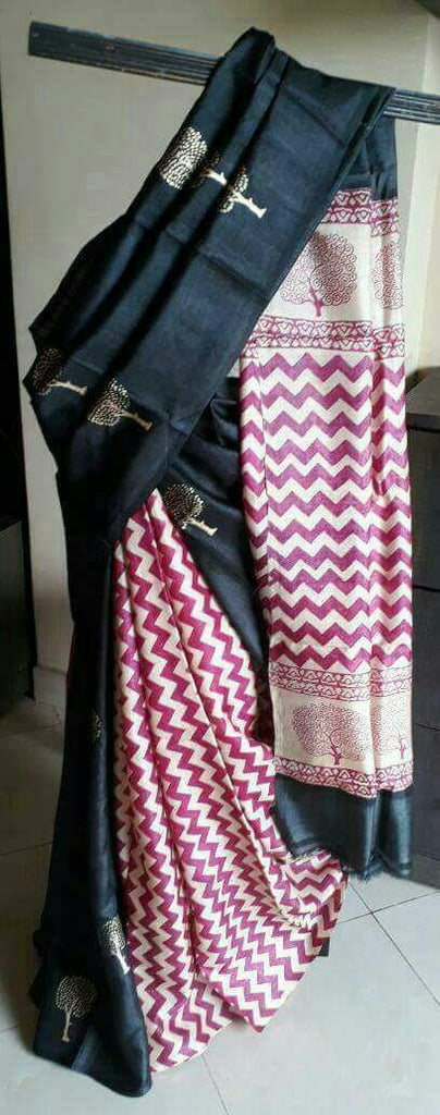Beige Black Block Printed Pure Silk Mark Certified Tussar Silk Sarees Get Extra 10% Discount on All Prepaid Transaction