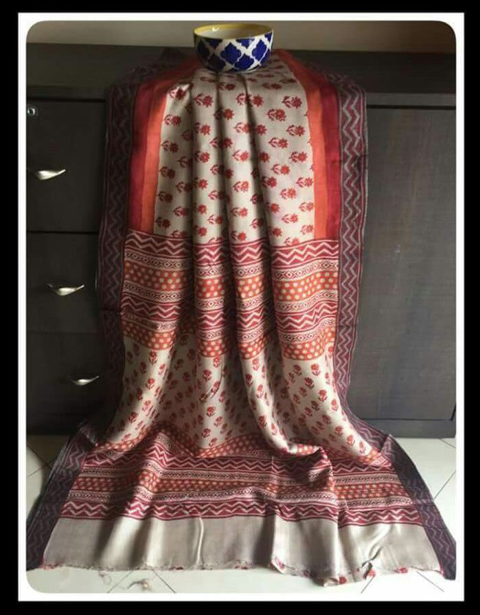 Red Beige Block Printed  Zari Border Pure Silk Mark Certified Tussar Silk Sarees