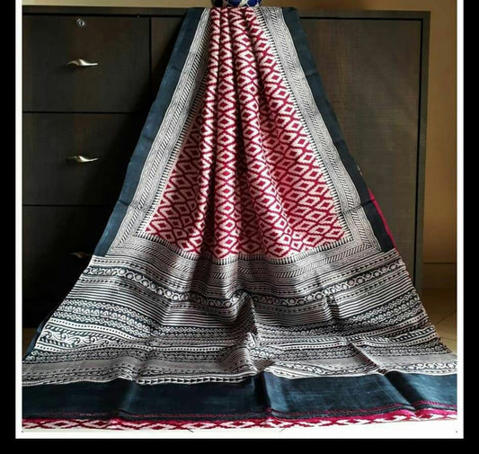 Grey Red Block Printed  Zari Border Pure Silk Mark Certified Tussar Silk Sarees - Dailybuyys