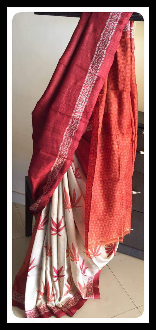 Red Beige Block Printed Zari Border Pure Silk Mark Certified Tussar Silk Sarees - Dailybuyys