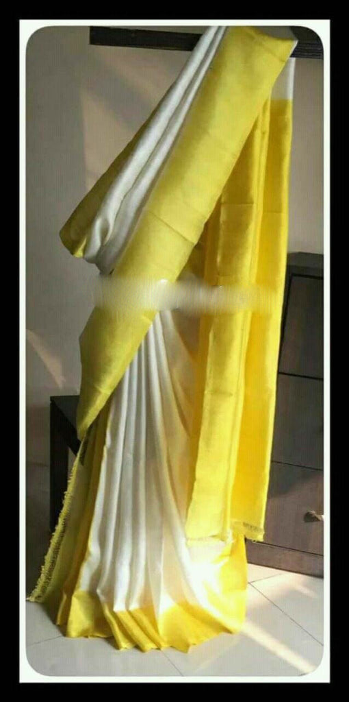 Yellow Beige Block Printed  Zari Border Pure Silk Mark Certified Tussar Silk Sarees