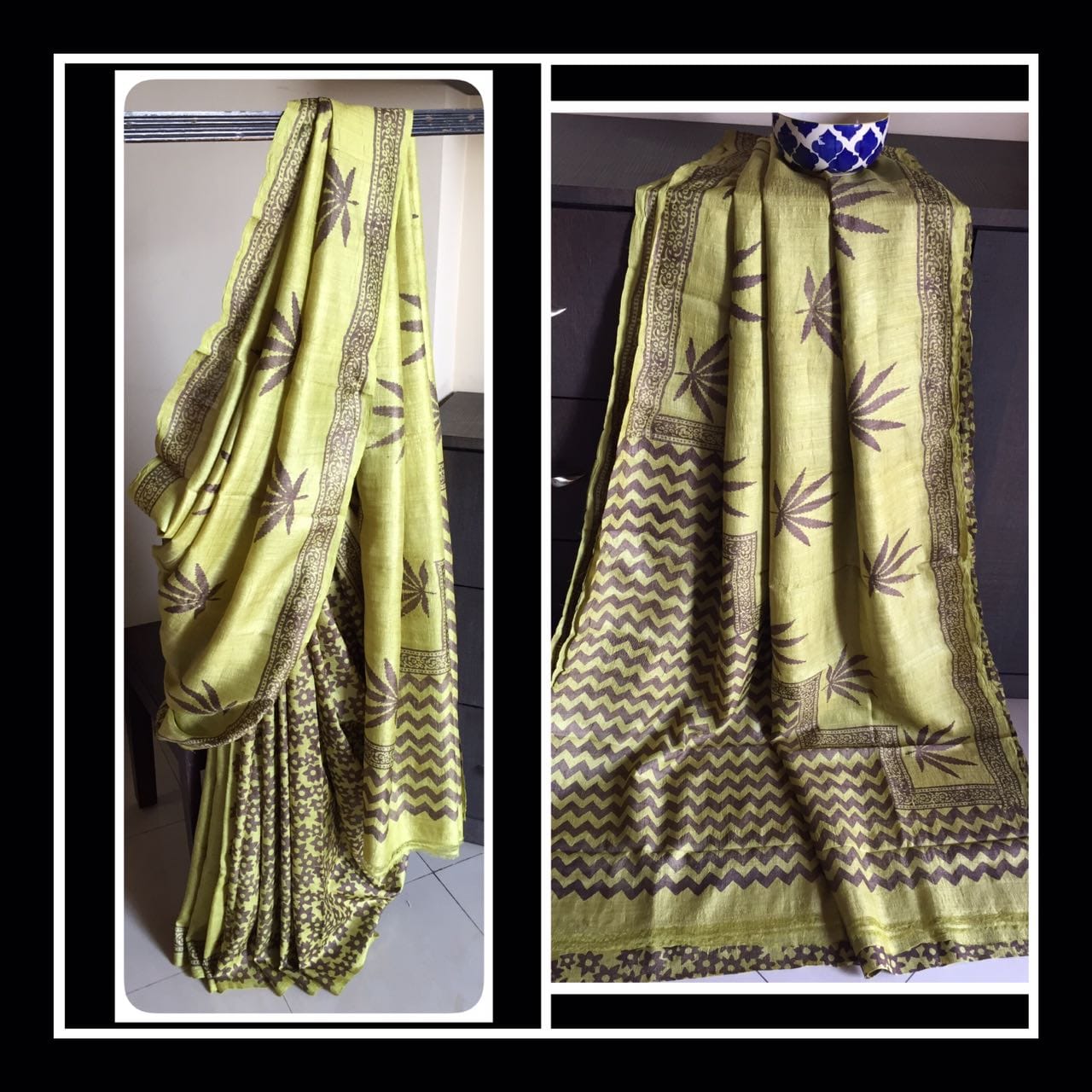 Beige Yellow  Zari Border Block Printed  Pure Silk Mark Certified Tussar Silk Sarees - Dailybuyys