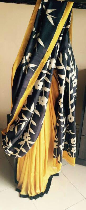 Yellow Black Hand Painted Zari Border Pure Silk Mark Certified Tussar Silk Sarees - Dailybuyys