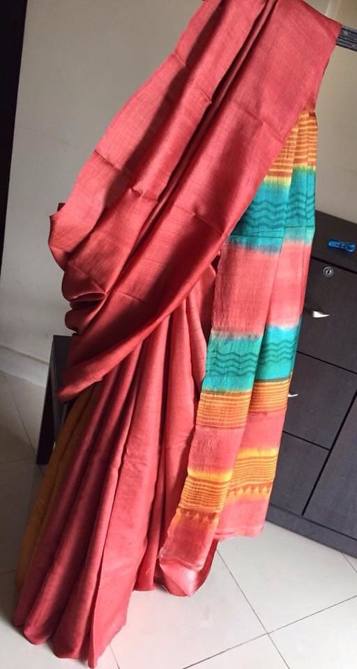 Pink  Zari Border Block Printed Pure Silk Mark Certified Tussar Silk Sarees - Dailybuyys