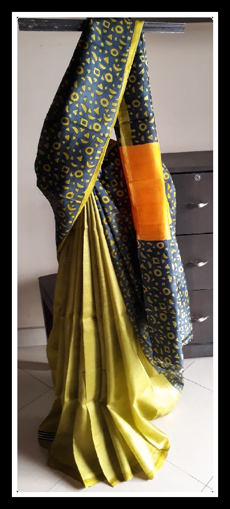 Yellow Black Block Printed  Zari Border Pure Silk Mark Certified Tussar Silk Sarees - Dailybuyys