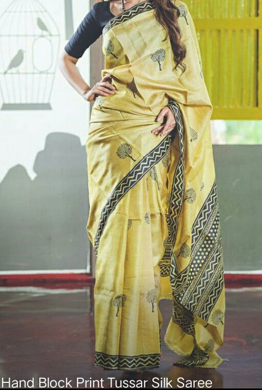 Yellow  Zari Border Block Printed Pure Silk Mark Certified Tussar Silk Sarees - Dailybuyys