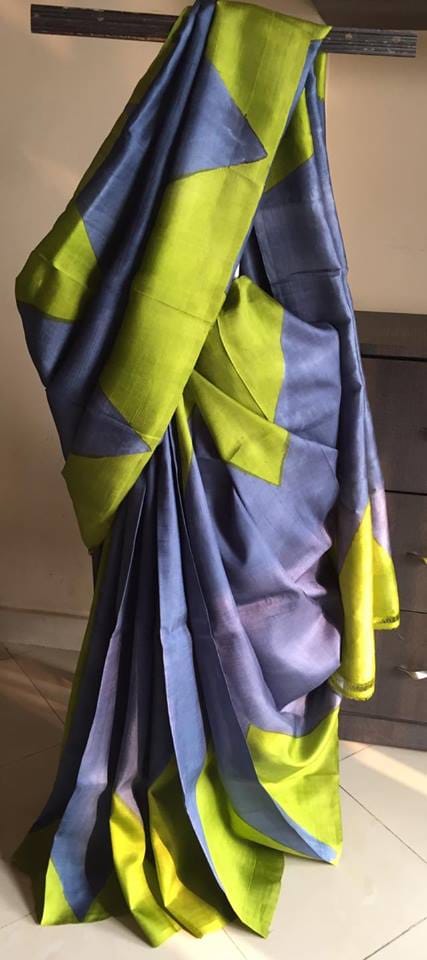 Grey Yellow Block Printed Pure Silk Mark Certified Tussar Silk Sarees