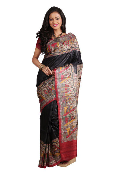 Black Beige Digital Printed Pure Silk Mark Certified Tussar Ghicha Silk Sarees