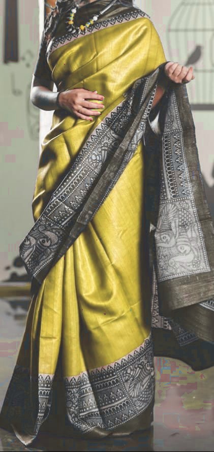 Yellow Digital Printed Pure Silk Mark Certified Tussar Ghicha Silk Sarees