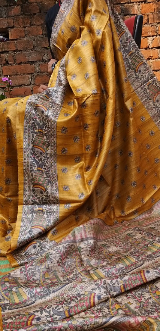 Yellow Beige Digital Printed Pure Silk Mark Certified Tussar Ghicha Silk Sarees - Dailybuyys