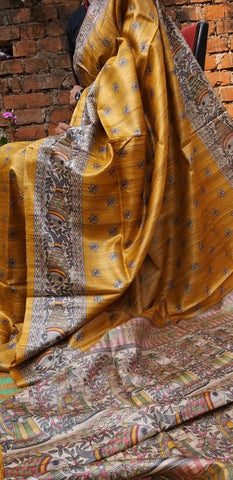 Yellow Beige Digital Printed Pure Silk Mark Certified Tussar Ghicha Silk Sarees