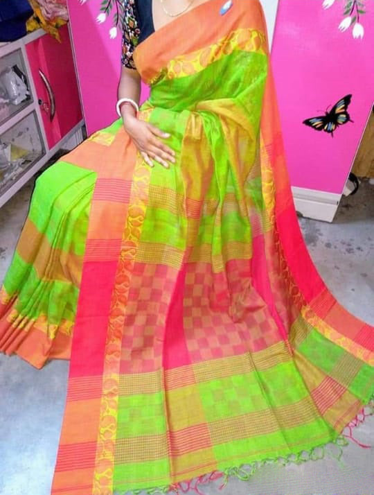 Green Pink Bengal Handloom Khadi Sarees - Dailybuyys