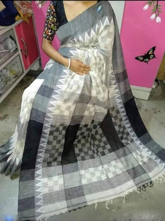 White Black Bengal Handloom Khadi Sarees