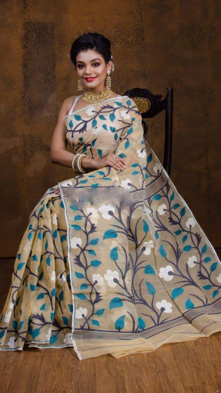 Beige Designer Dhakai Jamdani Sarees - Dailybuyys