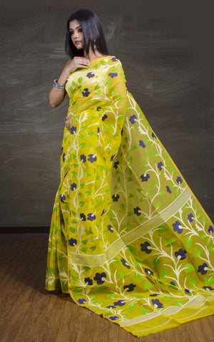 Yellow Designer Dhakai Jamdani Sarees Get Extra 10% Discount on All Prepaid Transaction