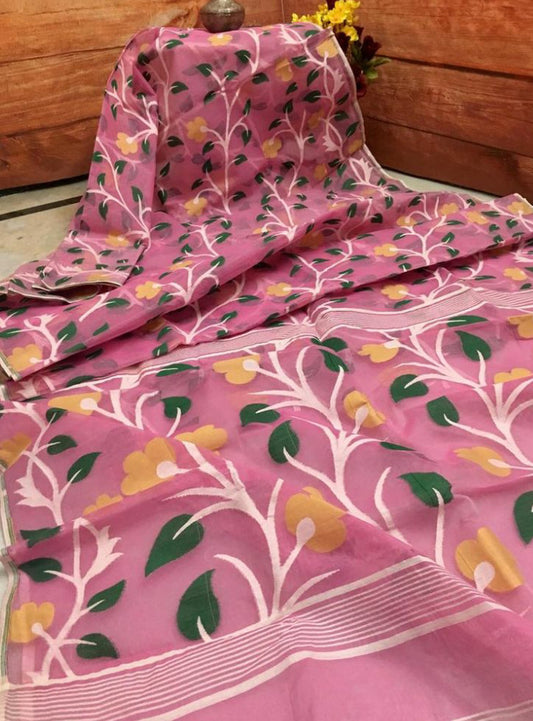 Pink Designer Dhakai Jamdani Sarees - Dailybuyys