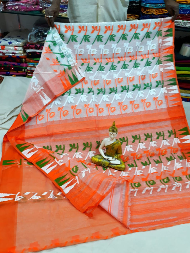 Orange White Designer Dhakai Jamdani Sarees Get Extra 10% Discount on All Prepaid Transaction