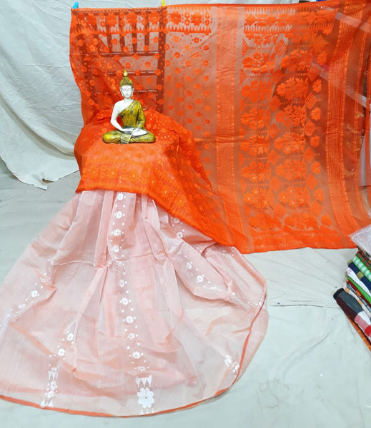 Orange Pink Designer Dhakai Jamdani Sarees