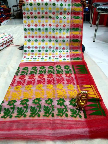 Beige Red Designer Dhakai Jamdani Sarees