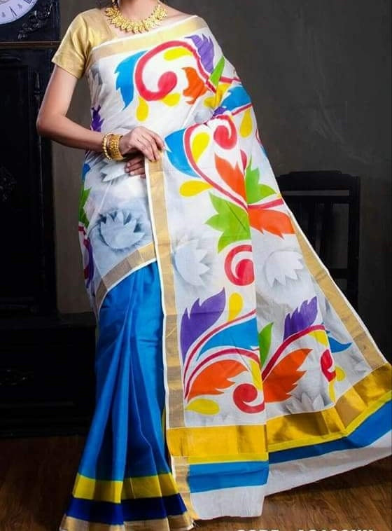 Blue Beige Hnad Paint Kerala Pure Cotton Sarees - Dailybuyys