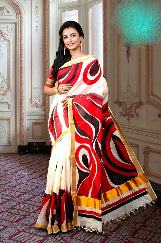 Beige Red Hnad Paint Kerala Pure Cotton Sarees - Dailybuyys
