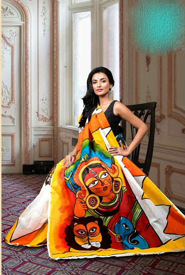 Beige Yellow Hnad Paint Kerala Pure Cotton Sarees - Dailybuyys