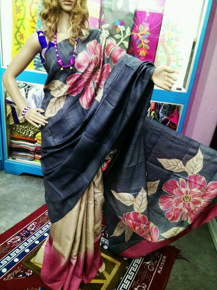 Grey Beige Hand Painted Pure Silk Mark Certified Bishnupuri Silk Sarees - Dailybuyys
