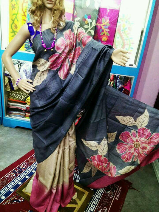 Grey Beige Hand Painted Pure Silk Mark Certified Bishnupuri Silk Sarees - Dailybuyys
