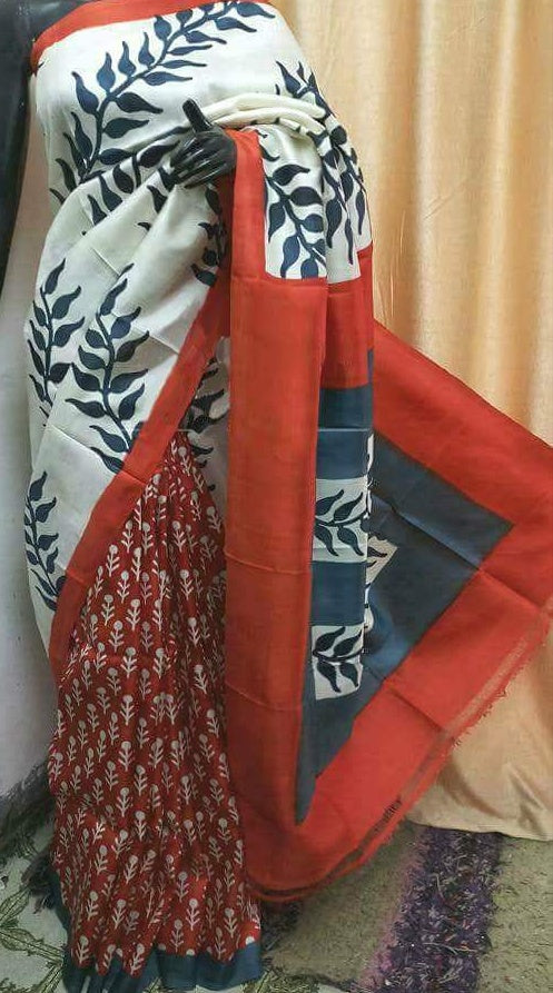 Red White Block Printed Pure Silk Mark Certified Bishnupuri Silk Sarees