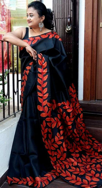 Black Maroon Hand Painted Pure Silk Mark Certified Bishnupuri Silk Sarees