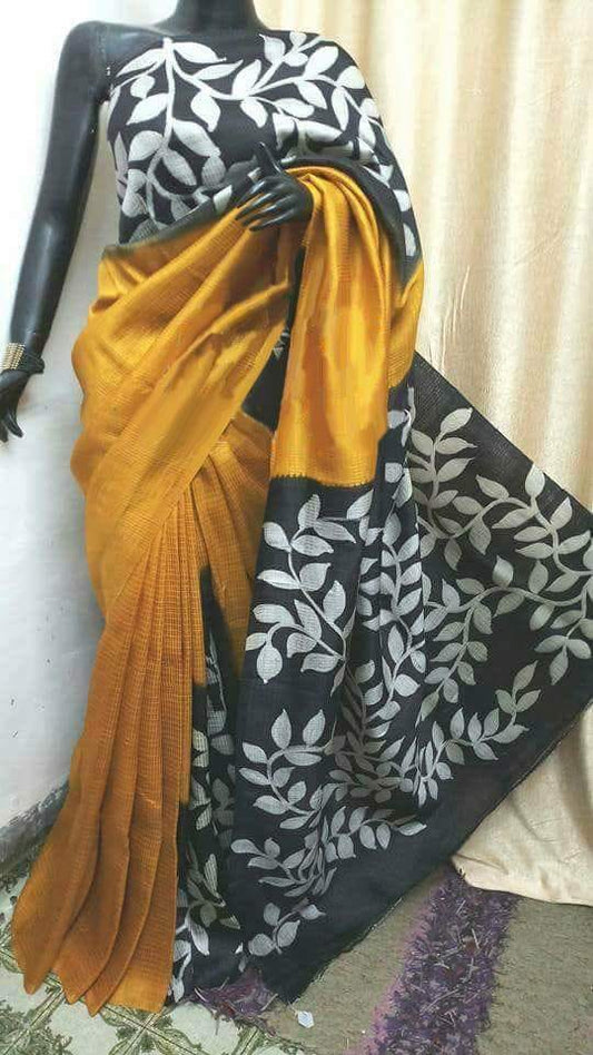 Yellow Block Printed Pure Silk Mark Certified Bishnupuri Silk Sarees - Dailybuyys