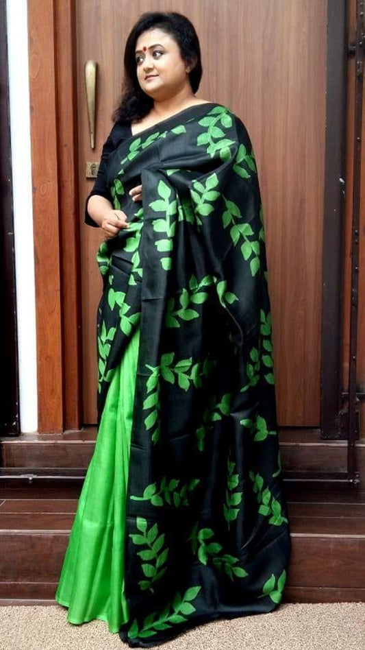 Green Black Hand Painted Pure Silk Mark Certified Bishnupuri Silk Sarees - Dailybuyys