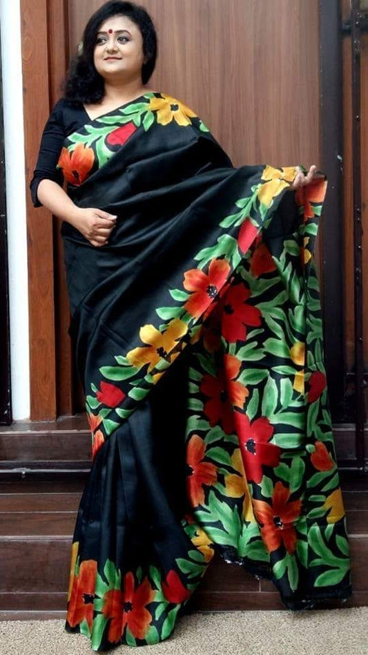 Black Pure Hand Painted Silk Mark Certified Bishnupuri Silk Sarees - Dailybuyys