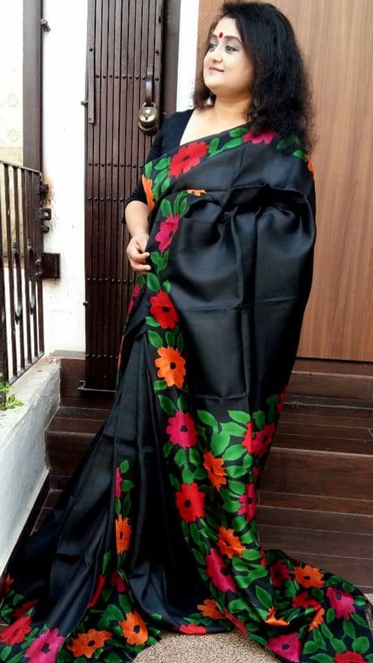 Georgette Flower Printed Sequin Lace Border Saree Indian Wear Black Sari  Blouse | eBay