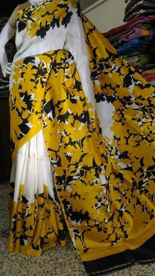 Yellow White Hand Painted Pure Silk Mark Certified Bishnupuri Silk Sarees - Dailybuyys