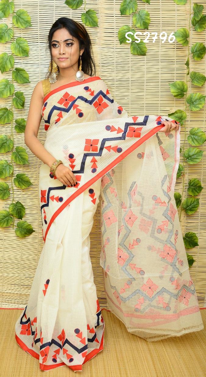 White Resom Kota Applique Sarees - Dailybuyys