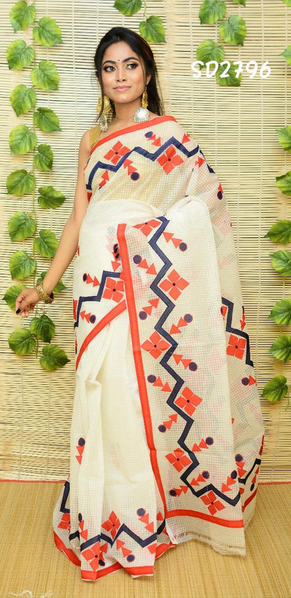 White Resom Kota Applique Sarees - Dailybuyys