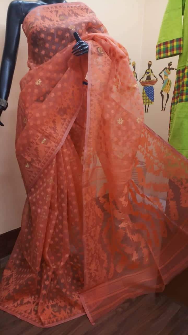 Orange Designer Dhakai Jamdani Sarees - Dailybuyys